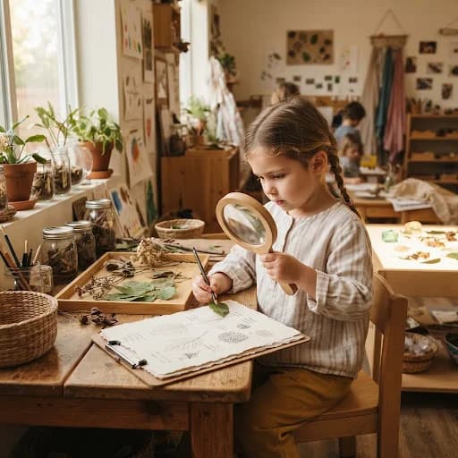 Pre-K student exploring botanical specimens with magnifying glass