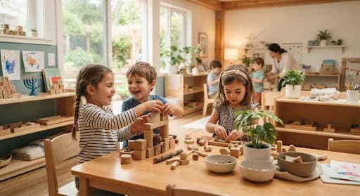 Preschool children playing together with wooden toys in a sunlit classroom