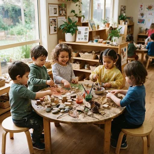 Nursery children collaborating at sensory and loose materials table
