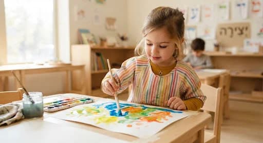 A child painting with watercolors at a sunlit table