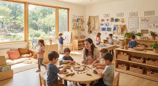 A sunlit Reggio-inspired classroom: children working with clay and natural materials at a round wooden table
