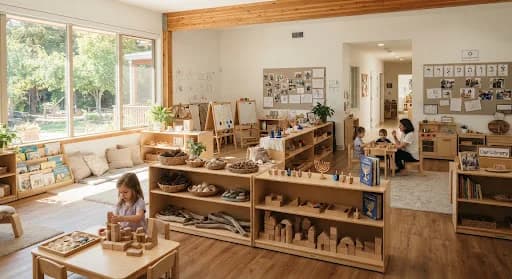 A bright Reggio-inspired classroom with wooden shelves of natural materials
