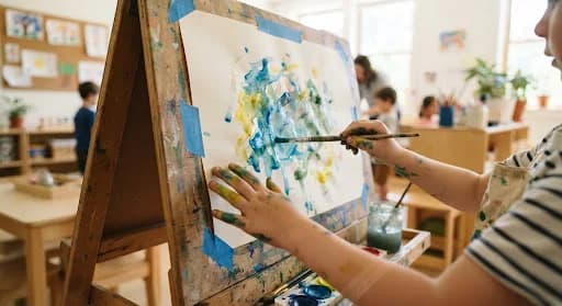 A child's hands painting with watercolors on an easel