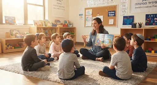 Preschool children sitting in a circle on a rug, listening to their teacher