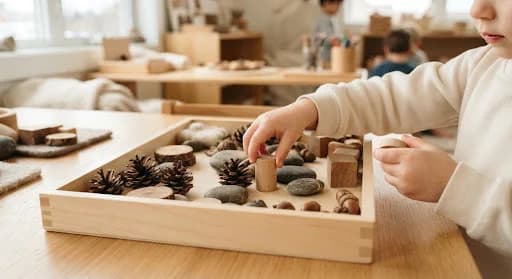 Small hands arranging pinecones, stones and wooden blocks on a tray
